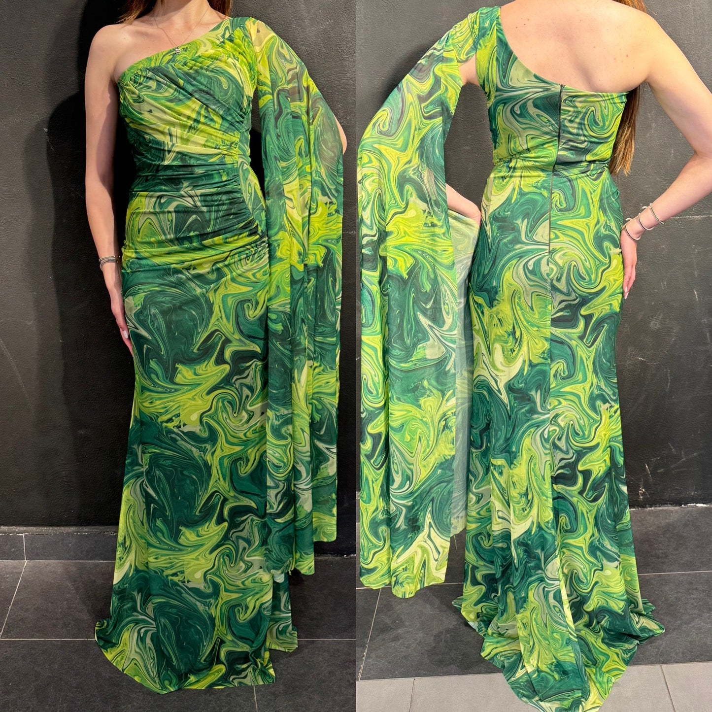 Robe à manches asymétriques vertes | Conception spéciale